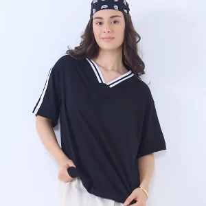 Black Jersey Plain V-Neck Oversize T-Shirt
